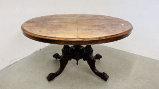 A VICTORIAN LOO TABLE WITH TILT TOP, INLAID WALNUT FINISH.