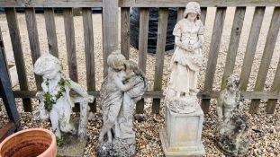 A GROUP OF 4 CONCRETE GARDEN STATUES ONE EXAMPLE ON A SQUARE PEDESTAL BASE.