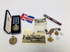 MILITARIA INCLUDING A 'BATTLE OF BRITAIN' MEDAL RIBBON BAR AND A 'NATIONAL SERVICE' MEDAL.