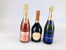 THREE BOTTLES CHAMPAGNE TO INCLUDE LAURENT PERRIER CUVEE ROSE BRUT,