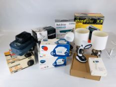 A GROUP OF HOUSEHOLD SUNDRIES TO INCLUDE A SHRED STAR SHREDDER, PAIR OF LAMPS AND ONE OTHER,