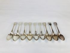 A MATCHED GROUP OF NINE SILVER FIDDLE PATTERN DESSERT SPOONS ALL GEORGIAN EXAMPLES,