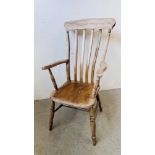 A VINTAGE SOLID ELM HIGH BACK WINDSOR CHAIR.