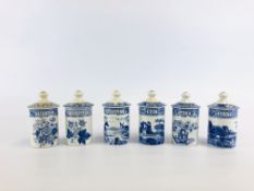 A GROUP OF 6 VARIOUS BLUE AND WHITE "SPODE BLUE ROOM COLLECTION" LIDDED SPICE / HERB JARS TO