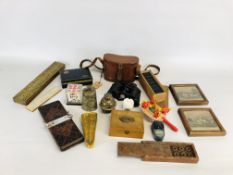 A BOX OF COLLECTABLES TO INCLUDE VINTAGE BINOCULARS IN FITTED LEATHER CASE,