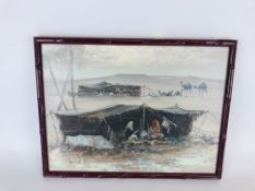 A FRAMED OIL ON CANVAS "A DESERT ENCAMPMENT" BEARING SIGNATURE SING H JEE.