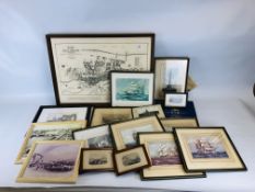 A COLLECTION OF SEVENTEEN FRAMED PRINTS TO INCLUDE PLAN OF GREAT YARMOUTH,