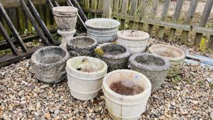 A GROUP OF 10 CONCRETE GARDEN POTS / PLANTERS VARIOUS SIZES TO INCLUDE SOME PAIRS.