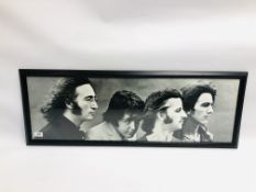 A FRAMED BLACK AND WHITE "BEATLES" PRINT "THE FAB FOUR" W 96CM X H 35CM.