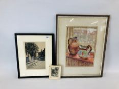 A FRAMED STILL LIFE PASTEL BEARING SIGNATURE SUSAN HILLS W 26CM X H 36CM ALONG WITH A BLACK AND