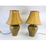 A PAIR OF MODERN GILT FINISH TABLE LAMPS WITH GILT SHADES - SOLD AS SEEN.