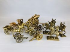 A BOX OF ASSORTED METALWARE TO INCLUDE BRASS CANNONS, HORSE AND CARRIAGES,