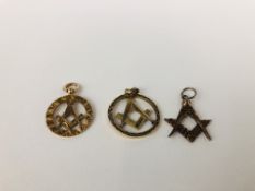 TWO 9CT GOLD MASONIC PENDANTS ALONG WITH A SILVER EXAMPLE.