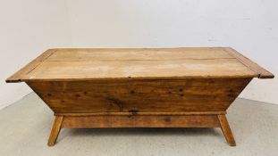 AN ANTIQUE WAXED PINE FLOUR TIN - LENGTH 192CM X WIDTH 78CM X HEIGHT 69CM.