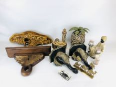 A PAIR OF DECORATIVE WOODEN ELEPHANT HEAD WALL HANGING SHELVES ALONG WITH GOLD TONE WALL SHELF AND