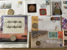 SMALL COLLECTION COIN COVERS INCLUDING 1975 RAILWAYS WITH STERLING SILVER MEDAL, £2000 £5 ETC. (14).