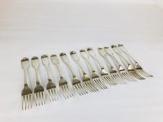 A MATCHED GROUP OF TWELVE SILVER FIDDLE PATTERN TABLE FORKS INCLUDING NINE BY MARY CHAWNER