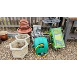 A GROUP OF 15 ASSORTED PLASTIC GARDEN PLANTERS AND BIRD BATH,