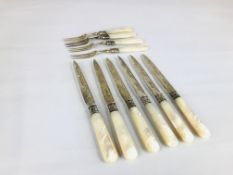 A GROUP OF SIX MOTHER OF PEARL SILVER TEA KNIVES AND FOUR TEA FORKS, SHEFFIELD ASSAY, 18.