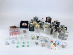A BOX CONTAINING AN EXTENSIVE COLLECTION OF 29 HIP FLASKS TO INCLUDE PEWTER,