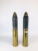 TWO LARGE FIRST WORLD WAR BRASS SHELL CASES COMPLETE WITH FUSED HEADS H 57.5CM.