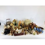 A LARGE QUANTITY OF MIXED VINTAGE STONEWARE BOTTLES AND GLASS BOTTLES, JARS AND COPPERWARE.