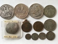 MIXED COINS INCLUDING GB CROWNS 1895 (LIX), 1935, 1951, TWO 1924 WEMBLEY EXHIBITION MEDALLIONS,