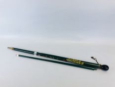 A METAMORPHIC WALKING CANE/SNOOKER CUE FROM HONG KONG, HAND PAINTED AND CARVED WITH PEACOCK DESIGN.