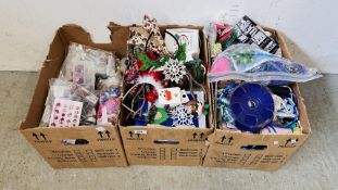 3 BOXES OF HOBBY CRAFT ACCESSORIES TO INCLUDE BUTTONS, MATERIAL, RIBBON, CRAFTING MATERIAL,