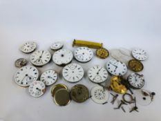 A GROUP OF VINTAGE POCKET WATCH PARTS AND ACCESSORIES TO INCLUDE ENAMELLED AND GILT DIALS,