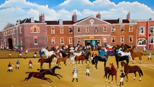 AN OVERSIZE OIL ON CANVAS "RUTLAND ARMS HOTEL" WITH HORSES BEARING SIGNATURE LEWIS 2005 152 X 244CM.