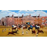 AN OVERSIZE OIL ON CANVAS "RUTLAND ARMS HOTEL" WITH HORSES BEARING SIGNATURE LEWIS 2005 152 X 244CM.