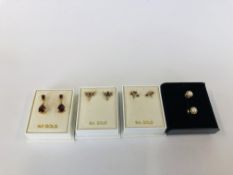 4 PAIRS OF 9CT GOLD EARRINGS TO INCLUDE RUBY AND GARNETS, DRAGONFLY DESIGN ETC.