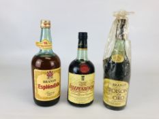 A GROUP OF 3 BOTTLED BRANDY'S TO INCLUDE OSBORNE 75CL, 75CL AGUSTIN BLAZQUEZ TOISON DE ORO,