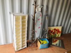 MODERN CHROME AND CANVAS SHOE STORAGE, CHROME CLOTHES RAIL, COAT HANGERS, IRONING BOARD,