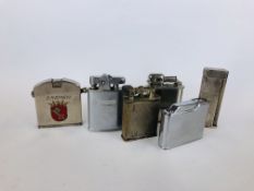 A GROUP OF SIX VINTAGE LIGHTERS TO INCLUDE A WHITE METAL EXAMPLE MARKED PARKER ETC.