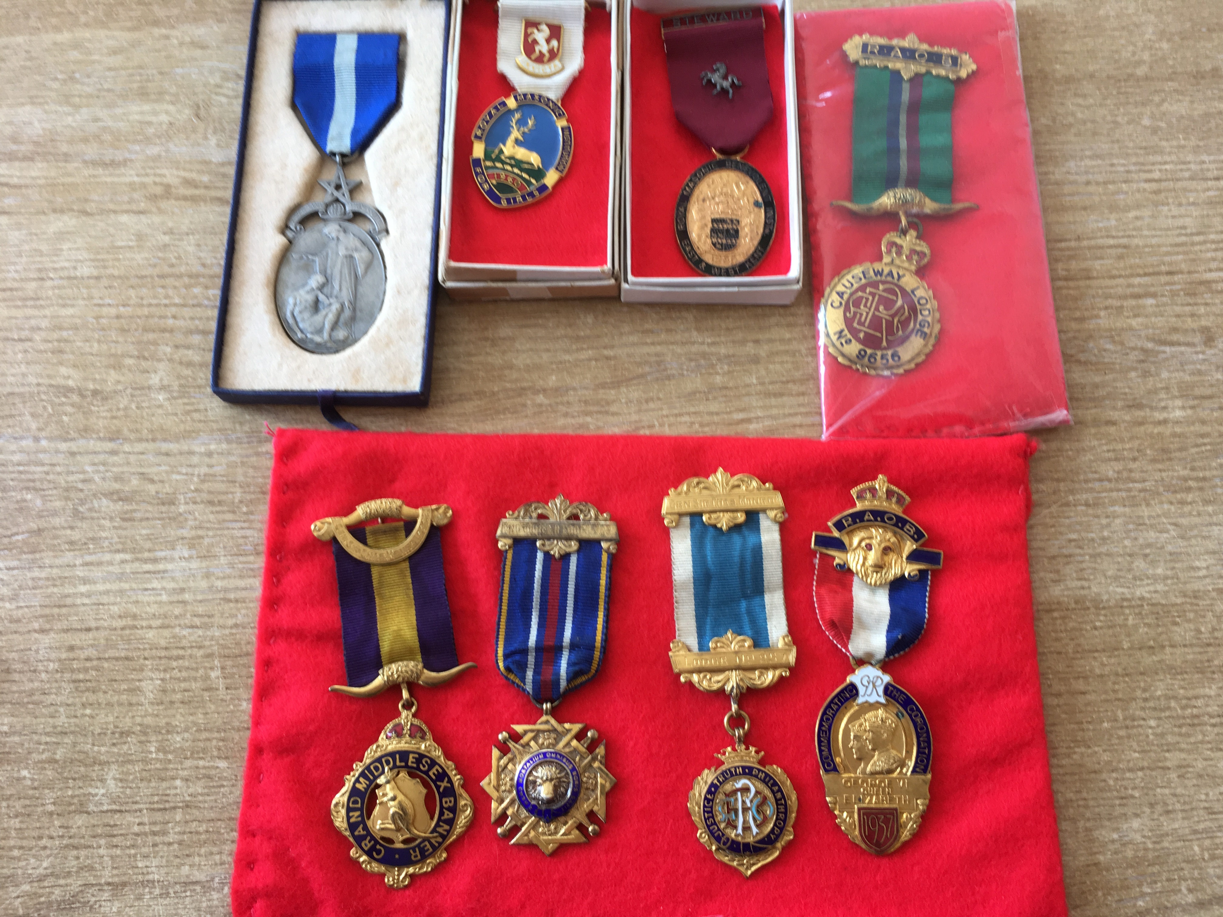 SMALL COLLECTION MASONIC AND R.A.O.B. MEDALS TO INCLUDE R.A.O.B. GROUP OF FOUR NAMED TO BRO. G.