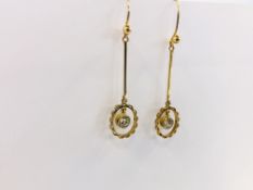 A PAIR OF VINTAGE STONE SET DROP EARRINGS MARKED 9CT GOLD.