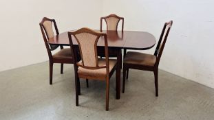 A MAHOGANY DROP LEAF TABLE COMPLETE WITH 4 DINING CHAIRS 96CM W X 140CM.