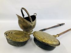 TWO VINTAGE BRASS WARMING PANS (1 A/F) + A BRASS COAL BUCKET.
