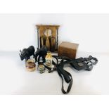 A BOX OF COLLECTIBLES TO INCLUDE AN OAK BOX, A VINTAGE LEATHER HORSE HARNESS,