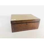 A VINTAGE MAHOGANY SEWING BOX WITH FITTED INTERIOR AND CONTENTS W 30.5CM X D 23CM X H 13CM.