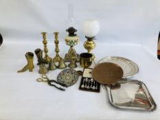 BOX OF ASSORTED MIXED METALWARES TO INCLUDE TWO LARGE PLATED TRAYS, BRASS BELLS, COPPER TRAY,