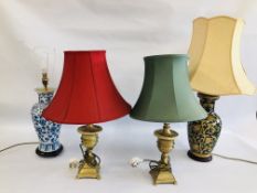 A PAIR OF HEAVY BRASS TABLE LAMPS AND SHADES (NOT MATCHING) ALONG WITH AN ORIENTAL BLUE AND WHITE