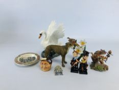 A GROUP OF CABINET ORNAMENTS TO INCLUDE ROYAL DOULTON SAM WELLER AND TINY TIM CHARACTER JUG SWAN