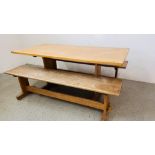 A HEAVY OAK KITCHEN TABLE L 168CM X W 79CM X H 73CM ALONG WITH A PAIR OF OAK BENCHES L 167 X W 35 X