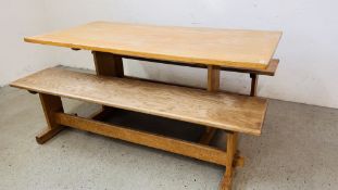 A HEAVY OAK KITCHEN TABLE L 168CM X W 79CM X H 73CM ALONG WITH A PAIR OF OAK BENCHES L 167 X W 35 X