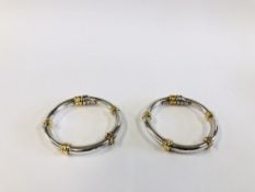 A PAIR OF DESIGNER 18CT GOLD AND SILVER HOOP EARRINGS.