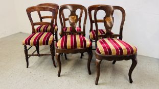 A SET OF FOUR PERIOD DINING CHAIRS WITH STRIPED VELOUR STUFF OVER SEATS ALONG WITH A FURTHER PAIR