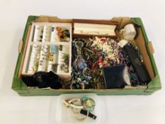 A FRUIT BOX CONTAINING AN EXTENSIVE COLLECTION OF COSTUME JEWELLERY, WATCHES, RINGS,